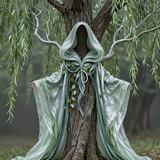 Mysterious figure in shimmering green hooded cloak stands before a large tree, arms outstretched, surrounded by leafy branches. Digital art.