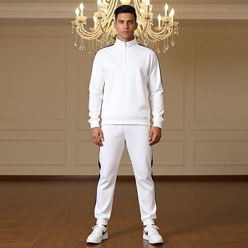 Photorealistic image of a young man with short black hair, wearing a white tracksuit and white sneakers, standing in front of a grand chandelier
