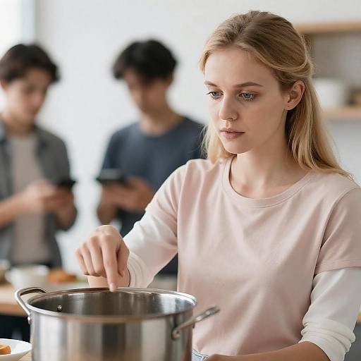 Focused Blonde Woman in Indoor Scene
