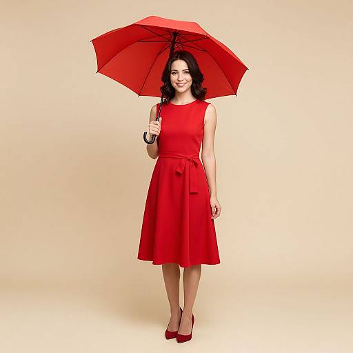 Photograph of a smiling woman with fair skin and dark wavy hair, wearing a red sleeveless dress and red high heels, holding a red umbrella
