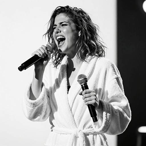 Black-and-white photograph of a passionate woman with shoulder-length, wavy hair, singing into a microphone, wearing a shiny, white, long-slee