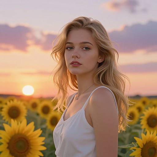 Photograph of a young blonde woman with wavy hair, wearing a white sleeveless top, standing in a sunflower field at sunset.