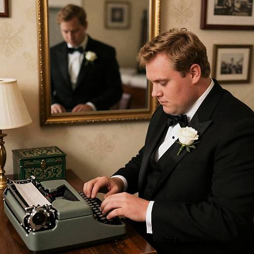 Chubby Man Typing Reflection in Mirror