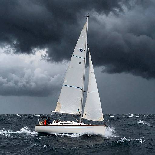 Photograph of a small white sailboat with two people, sailing through choppy dark blue ocean under a dramatic, cloudy, stormy sky.