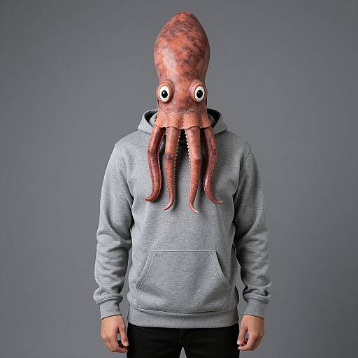 Photograph of a person wearing a gray hoodie and a realistic octopus mask with large, white, round eyes and red tentacles, standing against a