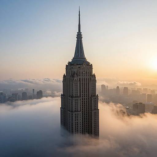 Photograph of the Empire State Building rising through a sea of clouds at sunrise, with a golden sky and cityscape in the background.