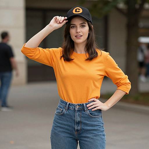 Photograph of a young woman in an orange sweater, blue jeans, and black baseball cap with a yellow 