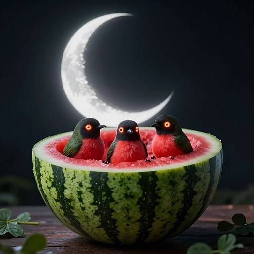 Glowing Birds Nestled in Watermelon