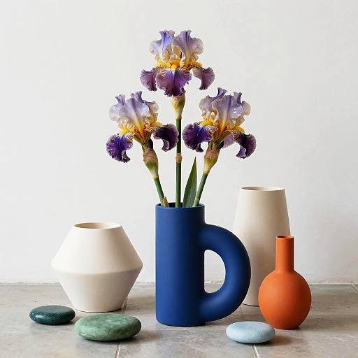 Iris Flowers in Navy Curved Vase with Geometric Planters