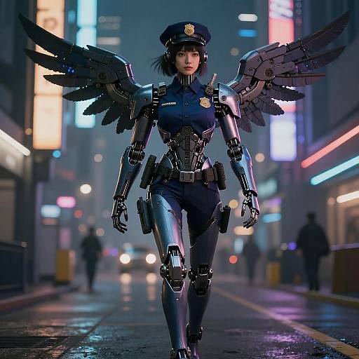 Blue-Silver Cyberpunk Mecha Police Girl