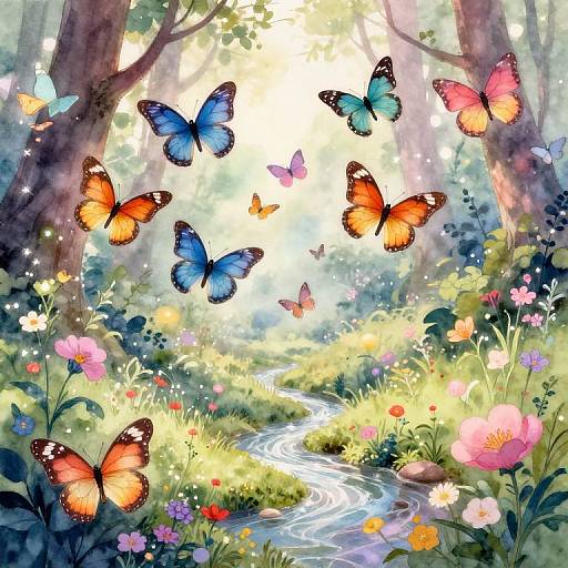 Whimsical forest scene with colorful butterflies (blue, orange, pink) dancing around a sunlit, flower-filled meadow and winding stream. Digital