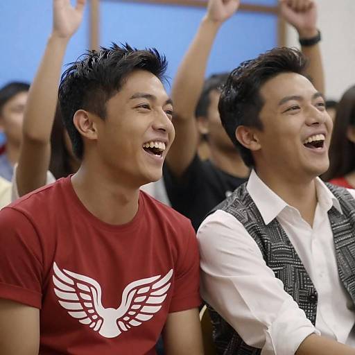 Cheering Friends in Sunlit Crowd