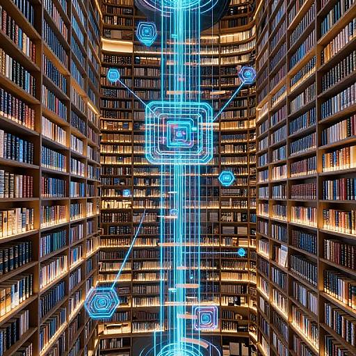 Photograph of a library with towering shelves of books, illuminated by warm yellow lights, and featuring futuristic blue digital hexagon and line patterns in the center