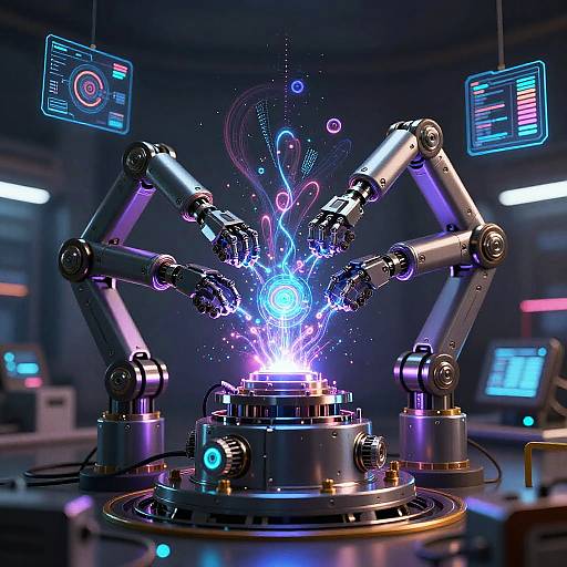 CGI image of a futuristic robotic arm assembly emitting vibrant blue and purple energy, surrounded by glowing holographic displays.
