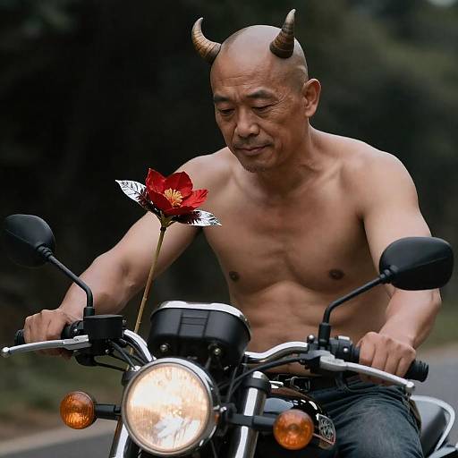 Bald Man with Horns on Motorcycle
