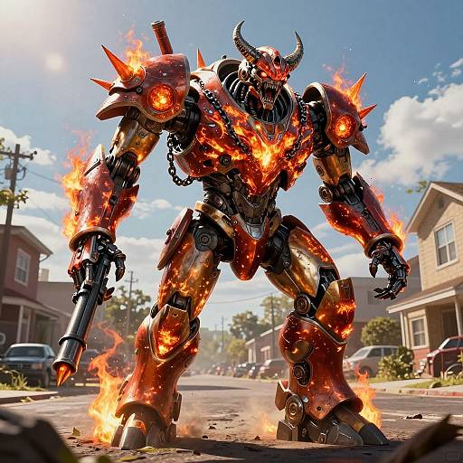 Photorealistic CGI of a fiery, horned, armored robot with glowing red-orange flames, standing on a suburban street, destroying the road.