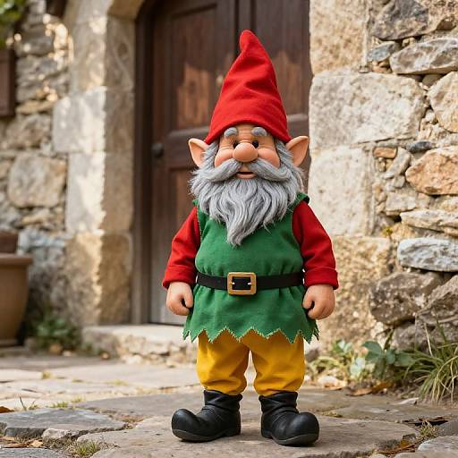 Whimsical Gnome by Rustic Stone Wall