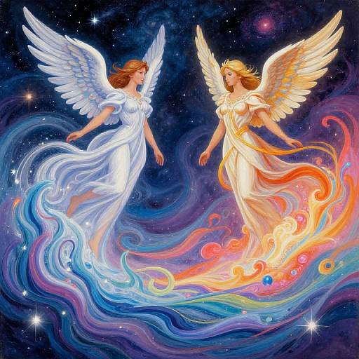Digital artwork of two angelic women with white and golden wings, floating in a cosmic, starry night sky, surrounded by swirling, colorful energy.