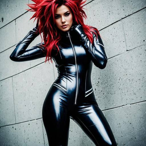 Woman in Shiny Black Latex Cosplay Suit with Wild Red Hair