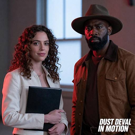 Photograph of a curly-haired white woman in a white blouse holding a black folder, standing beside a bearded Black man in a brown jacket and hat