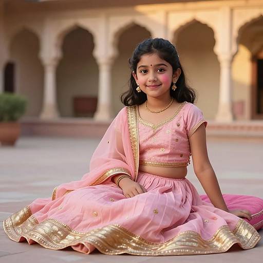 Photograph of a young Indian girl with dark hair, wearing a pink traditional lehenga with gold trim, sitting on a courtyard with an arched,