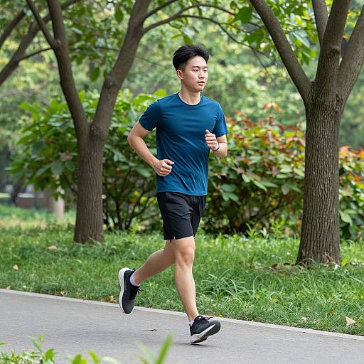 Photograph of an Asian man jogging in a park, wearing a blue t-shirt, black shorts, and black sneakers, with green trees and grass in