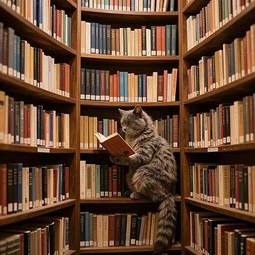 Photograph of a gray tabby cat with a bushy tail, sitting on a wooden bookshelf, reading a book among colorful, neatly arranged books
