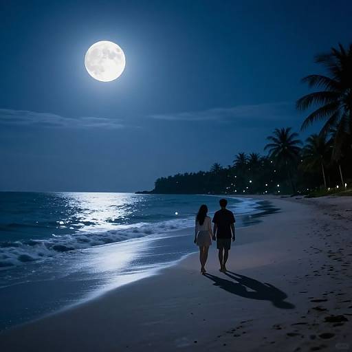 Photograph of a silhouetted couple walking on a moonlit beach with a full moon, palm trees, and ocean waves under a deep blue
