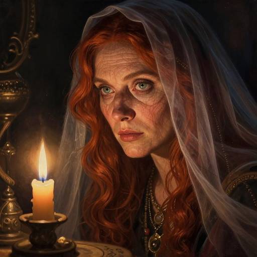 Photorealistic digital painting of a red-haired woman with pale skin and blue eyes, wearing a translucent veil, illuminated by a candle, with a som