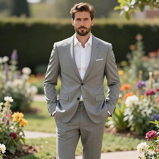 Man in Gray Wedding Suit in Garden
