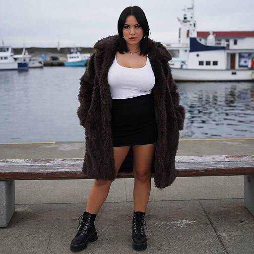 Photograph of a confident woman with black hair, wearing a white tank top, black mini skirt, fur coat, and black boots, standing by a