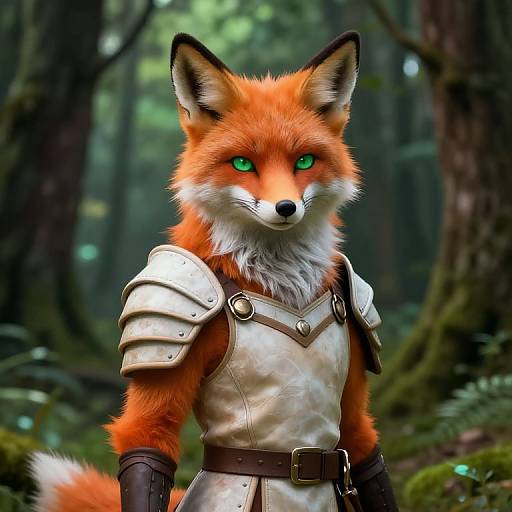 Digital artwork of a vibrant orange fox with bright green eyes, wearing medieval-style silver armor and brown leather gloves, in a lush, misty forest.