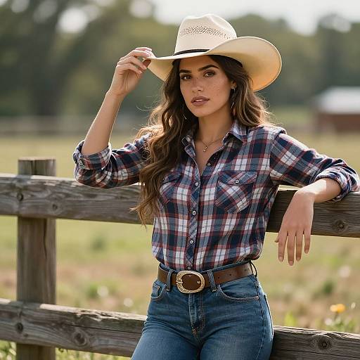 Photograph of a confident woman with long brown hair, wearing a white cowboy hat, plaid shirt, and blue jeans, leaning on a wooden fence