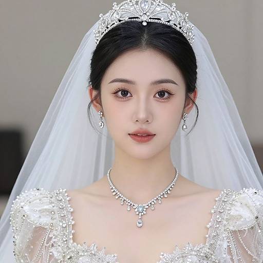 Photograph of an Asian bride with fair skin, black hair in a bun, wearing an ornate white lace wedding dress, veil, pearl necklace,