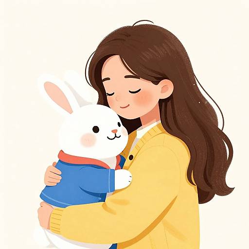 Digital illustration of a smiling girl with long brown hair, wearing a yellow cardigan, hugging a white bunny with closed eyes and a blue and red
