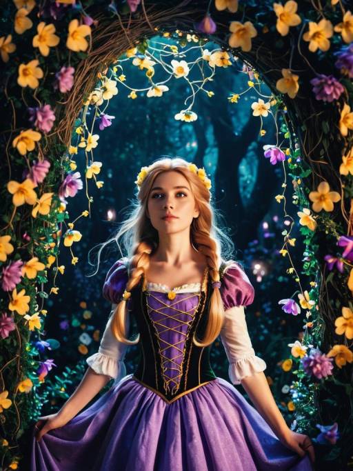 Woman in Tangled Rapunzel Costume with Glowing Flowers