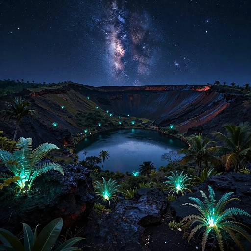 Photograph of a glowing, bioluminescent crater at night, surrounded by illuminated plants under a starry sky with the Milky Way.