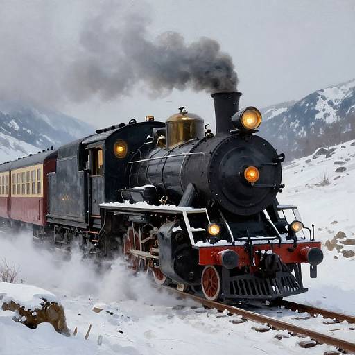 Photograph of a black steam locomotive with red wheels and yellow headlights, billowing black smoke, pulling maroon and cream passenger cars through a snowy