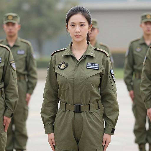 Photograph of an Asian female soldier in a green military uniform with a serious expression, standing in front of three male soldiers in a blurred outdoor setting.