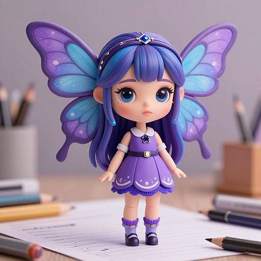 Chibi-style digital drawing of a blue-haired fairy girl with large blue and purple wings, wearing a purple dress and white socks, standing on a desk