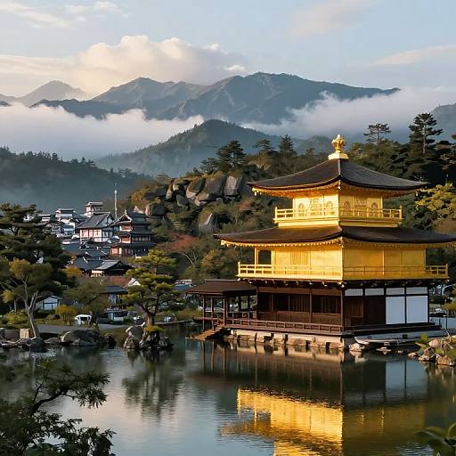 Photograph of a golden Japanese pagoda reflecting on a serene lake, surrounded by traditional houses and misty mountains at sunrise.