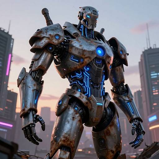 Photorealistic CGI of a rusted, blue-lit, humanoid robot standing in a futuristic cityscape at sunset, with neon lights and skyscrap