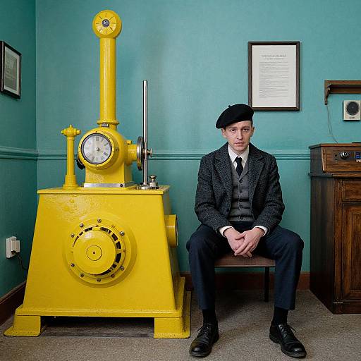Photograph of a man in vintage attire, black beret, gray tweed suit, sitting beside a bright yellow steam engine in a teal-walled