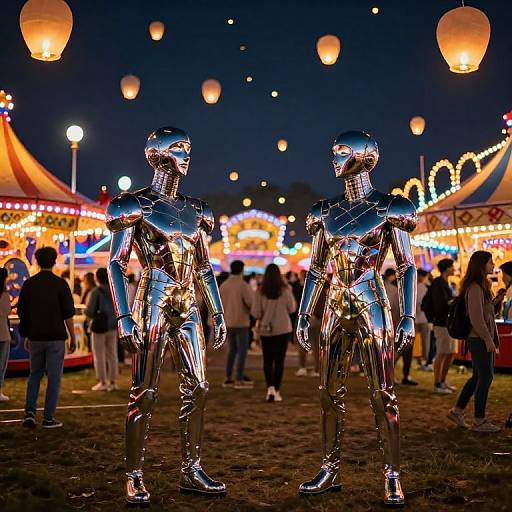 Photograph of two shiny, silver, humanoid robot statues standing in a nighttime carnival with colorful lights, floating paper lanterns, and crowds.