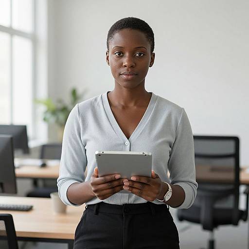 Photograph of a serious, dark-skinned woman with short hair, wearing a white blouse and black pants, holding a tablet in a bright, modern