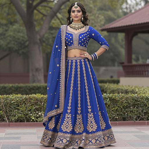 Elegant Woman in Blue Brocade Lehenga