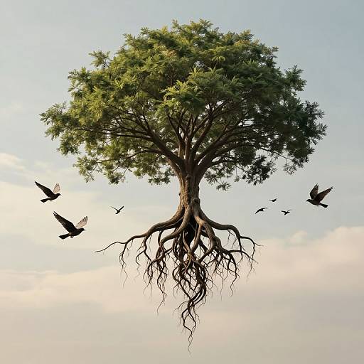 Photograph of a floating, leafy tree with exposed roots, surrounded by flying birds, against a light blue sky with soft clouds.