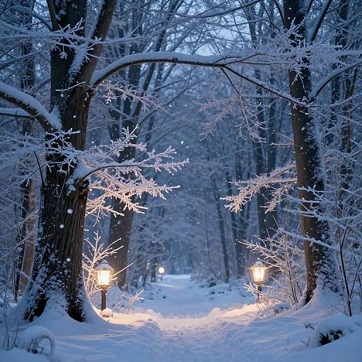 Snowy forest path at dusk, illuminated by glowing lanterns, with snow-covered trees and delicate frost on branches; serene, winter wonderland.