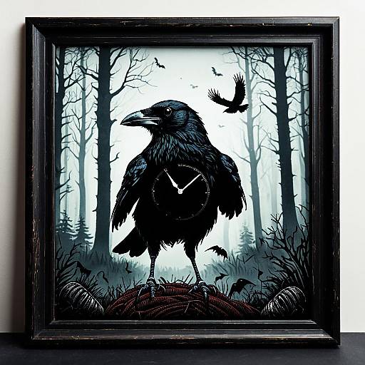Horror-themed crow illustration with clock