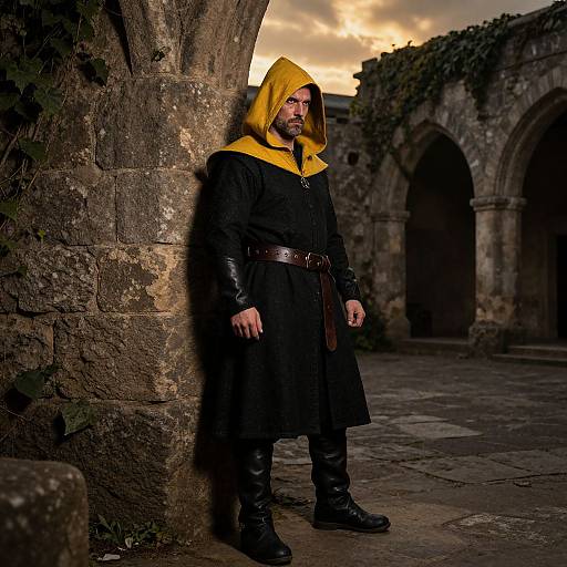Man in Medieval Costume with Yellow Hood in Stone Courtyard